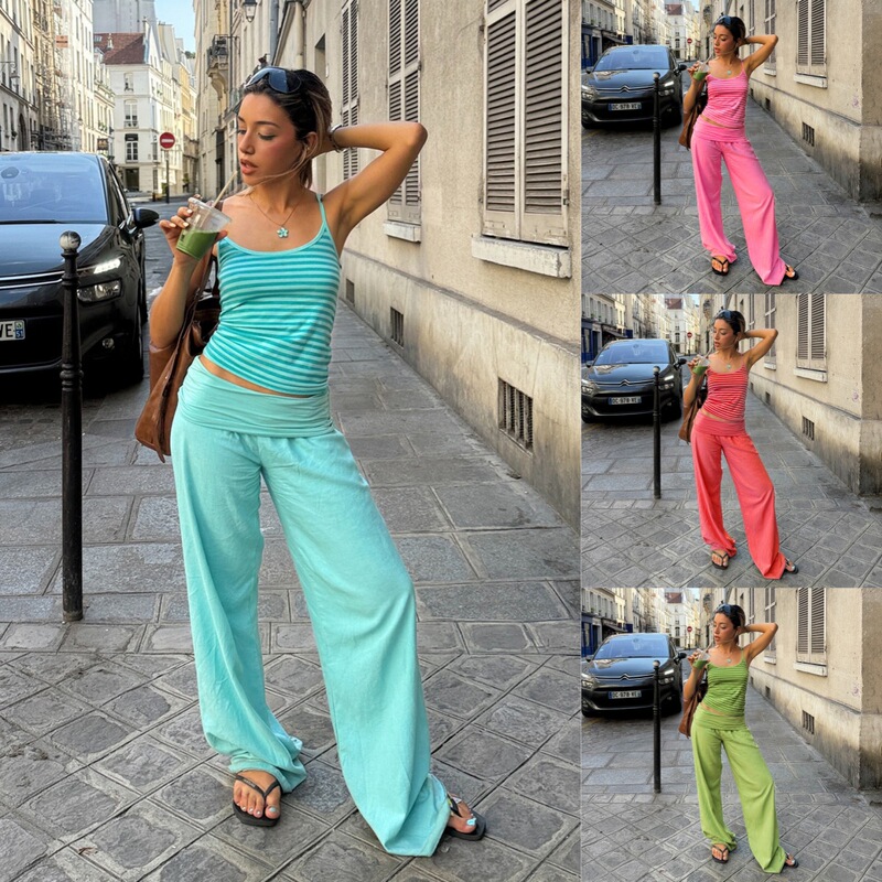 Cross-Border European and American Style Fashion New Women's Mint Green Striped Street Style Camisole + Long Pants Two-Piece Set for Summer