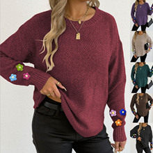 秋冬新款外贸跨境欧美女装随机颜色手钩花拼接长袖圆领套头毛衣