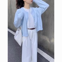 软糯感浅蓝色针织开衫毛衣外套女春季新款简约百搭短款上衣外套潮