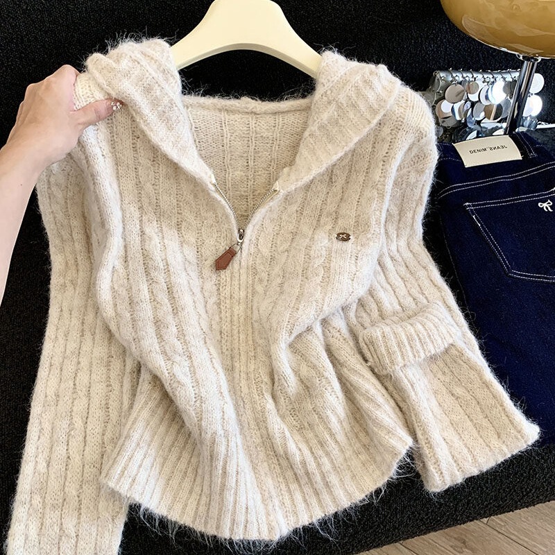 New loose casual versatile simple knitted cardigan top jacket, lazy style hooded sweater jacket for women, spring and autumn New loose casual versatile simple knitted cardigan top jacket, lazy style hooded sweater jacket for women, spring and autumn