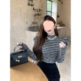 韩版宫廷风长袖恤女秋季新款修身显瘦半高领泡泡袖上衣潮