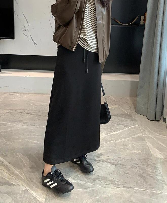 梨形友好半身长裙子秋季款宽腰抽绳直筒开叉H中长高腰通勤百搭裙|undefined