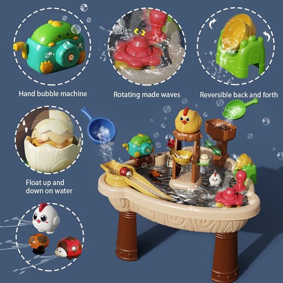 Large outdoor chicken water playing toy beach water spray bubble blowing pirate ship with sunshade game table