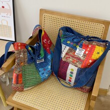 2025春夏新款正反两用牛仔包民族风拼布包波西米亚单肩斜挎包双面