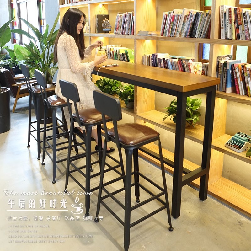 酒吧桌复古铁艺高脚桌椅组合现代简约实木家用吧台奶茶店靠墙长条