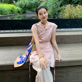 2433新中式国风粉色立领镂空斜襟盘扣衬衫女夏季凉爽显白优雅上衣