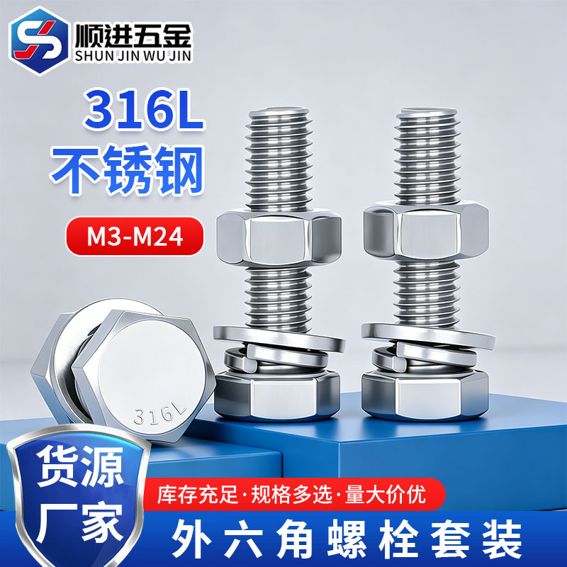 316L acero inoxidable perno hexagonal macho conjunto de tuerca de tornillo conjunto de cojín elástico plano completo M6M8M10M12-M20
