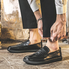 Men's Versatile Flat Sole Shoes, British Style Small Leather Shoes, Machine-Made Soft Sole Black Professional Work Shoes 7892-J