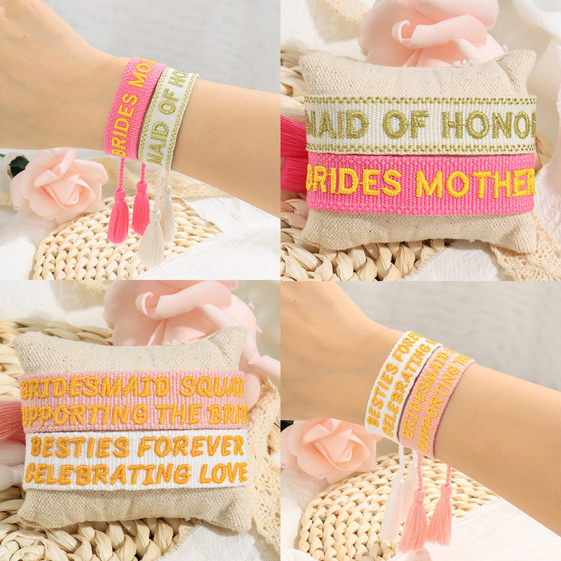 Hongshun Cross-Border European and American Bridesmaid Bride Wedding Party Embroidered Tassel Bracelet Colorfulful Hand-Knitted Rope Bohemian