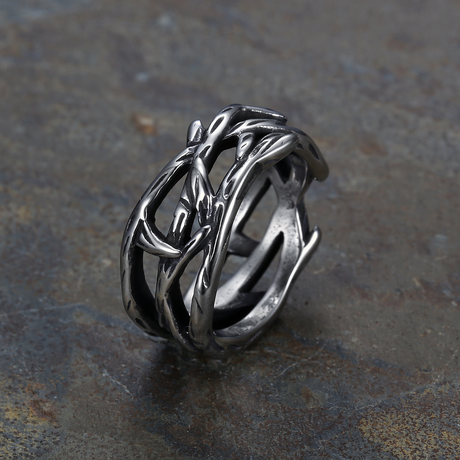 Trendy three-dimensional textured titanium steel ring