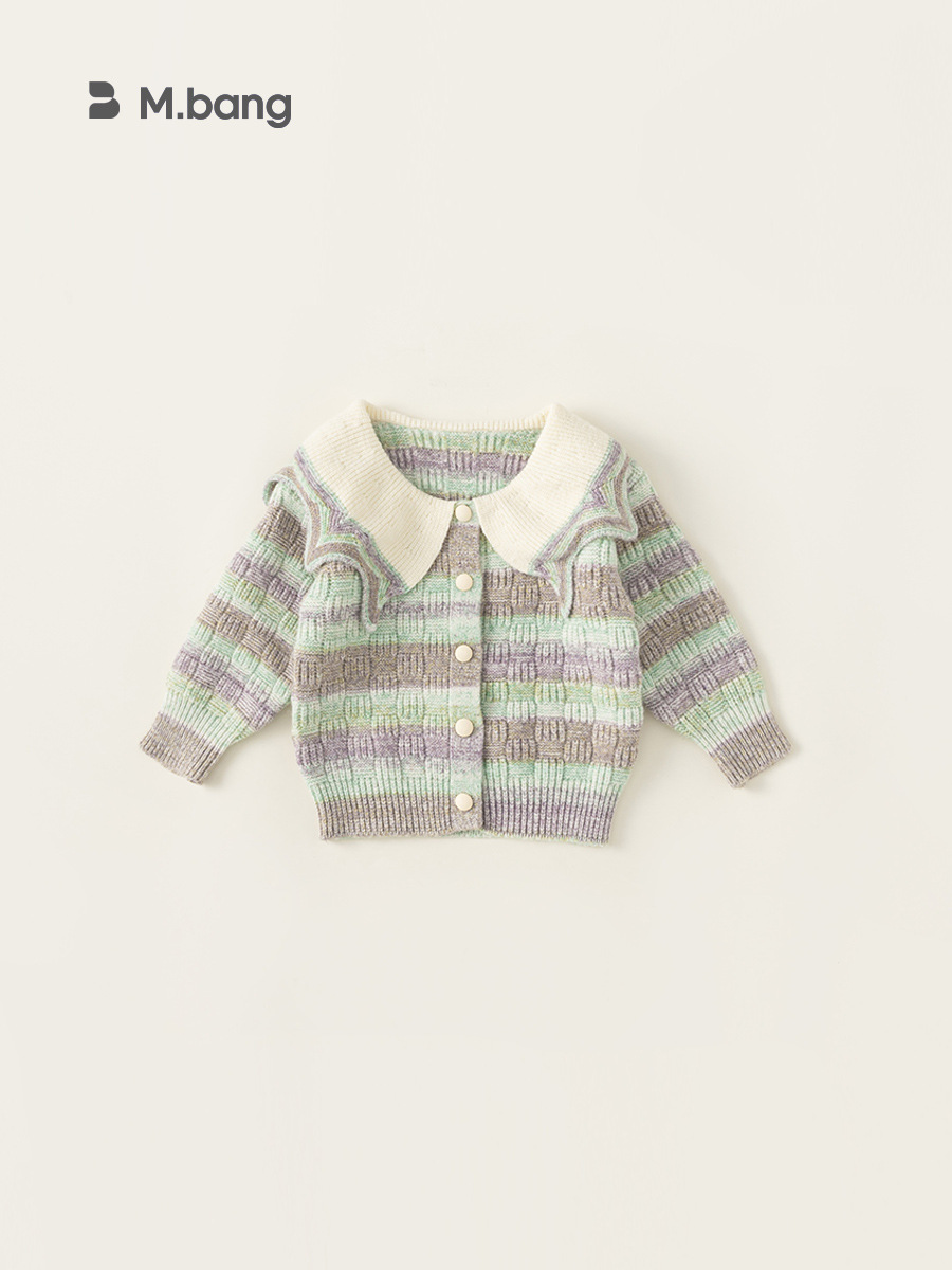 2026 primavera y otoño ropa infantil gran solapa suéter de niñas camisa de punto de color graduado suéter de mujer abrigo