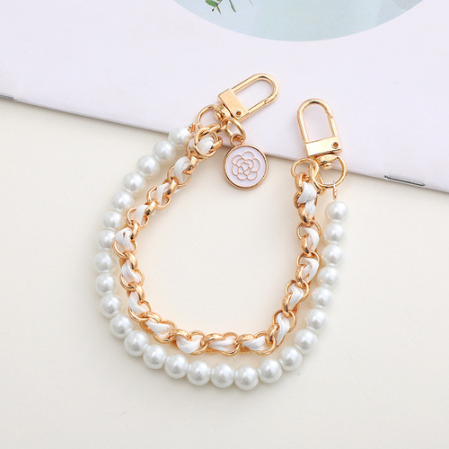 New pearl double chain mobile phone chain diy mobile phone case jewelry student water cup bag hand-made leather chain