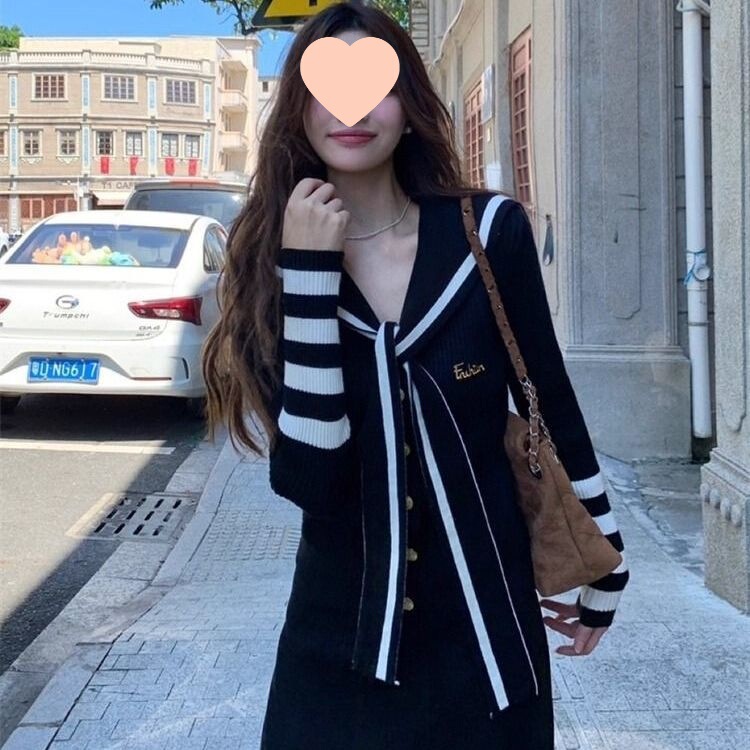 黑色条纹毛衣女春秋慵懒学院风修身显瘦别致上衣春季海军领针织衫|undefined