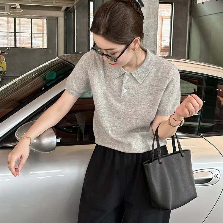 polo collar wool worsted knitted short sleeve women's thin spring and summer loose short sweater versatile half sleeve T-shirt bottoming shirt