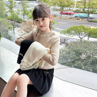 Girls' College Style Base Shirt 2024 Autumn and Winter New Drawdown Bubble Bead Sweater Fashion Girls' Knitted Shirt Top