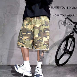 美式复古做旧毛边迷彩多口袋工装军短裤夏季休闲宽松潮牌五分裤男