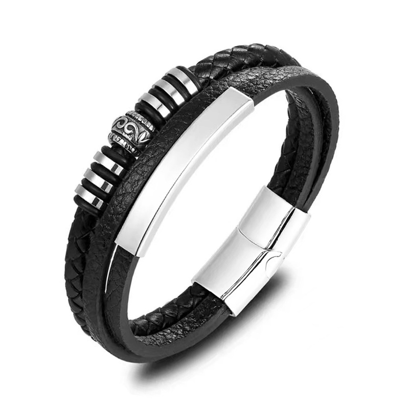 Stainless steel leather bracelet in stock wholesale European and American style stainless steel curved brand PU leather woven men's bracelet bracelet men