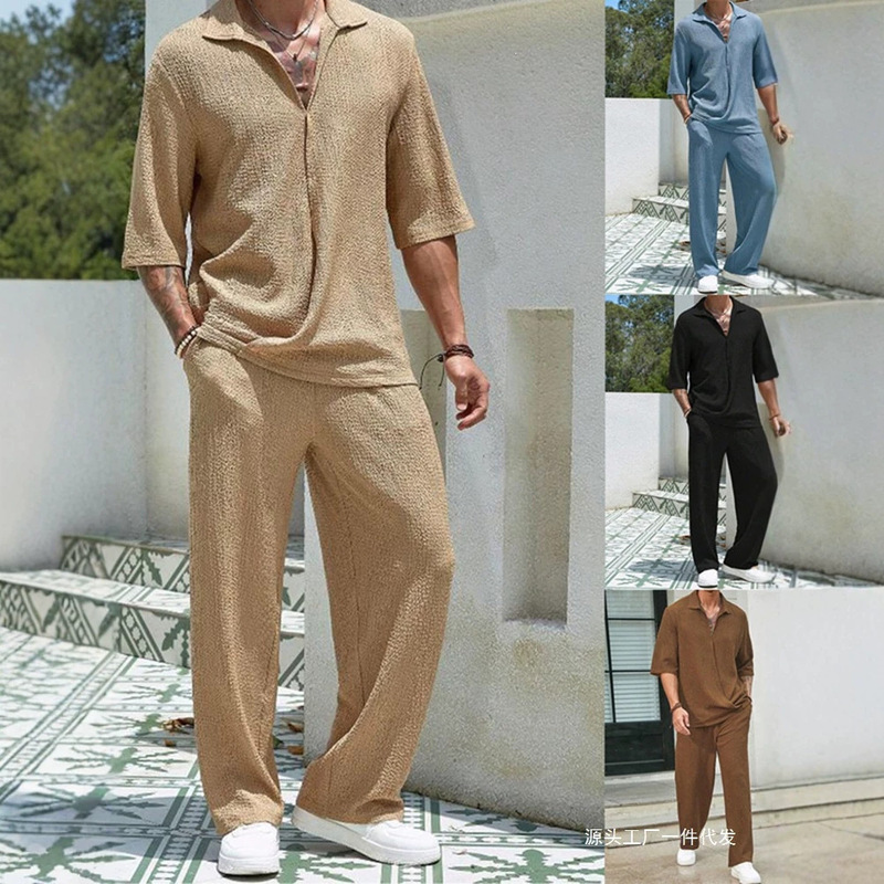 2026 Spring and Autumn New European and American Men's Casual Shirts Large Size Solid Color Short Sleeve Long Pants