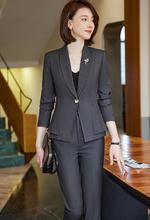 新款长袖通勤灰色西装外套女式职业装套装办公室酒店美容院工作服