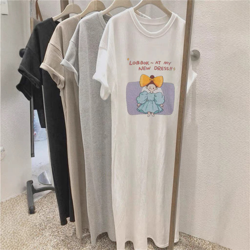 Summer Round-Neck Cute Cartoon Print Dress for Girls, Mid-Length Versatile Short-Sleeve Slit T-Shirt Long Dress