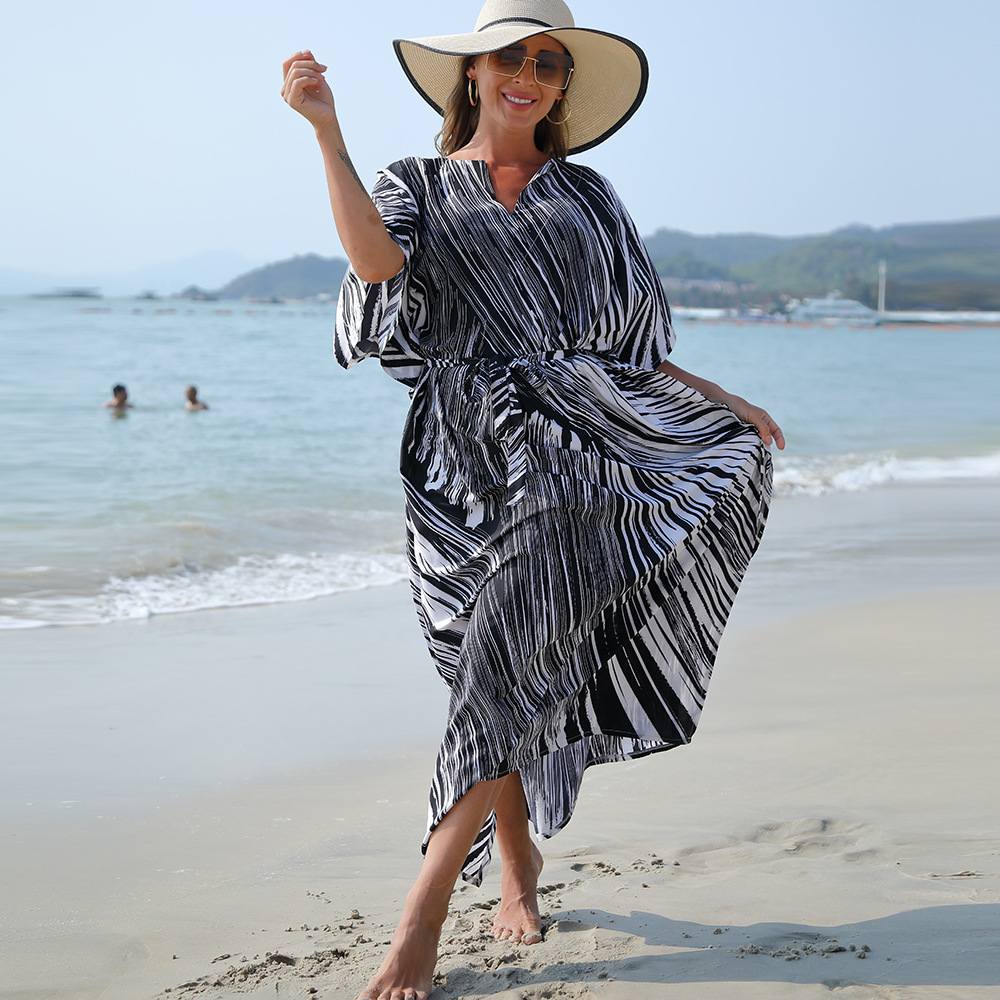 Cubierta de la playa de secado rápido Vestido de playa impreso holgado traje de vacaciones bikini protección solar camisa traje de baño cubierta hasta 1D40