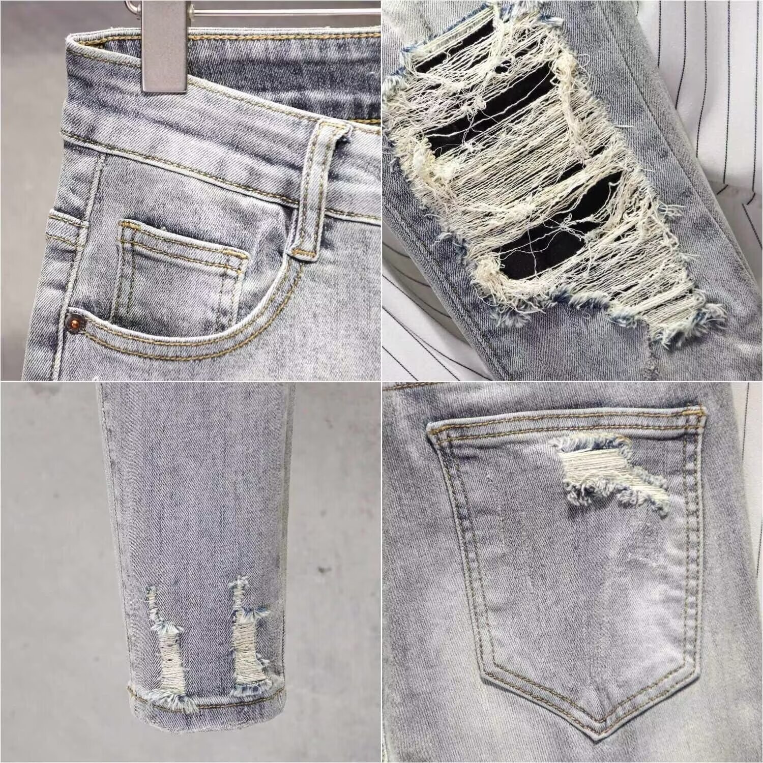 American High Street Ripped Jeans For Men Slim Fit Straight Long Trendy Zipper Cuff Cool Pants Fashion_mkmklike.com