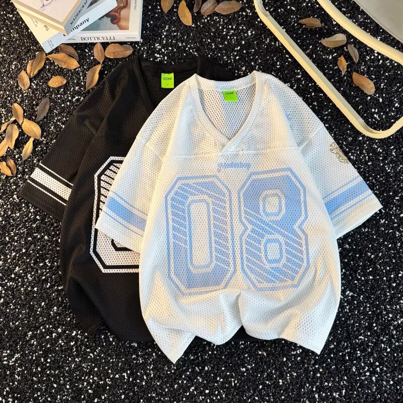 2025 Summer Mesh Breathable V-Neck T-Shirt Short Sleeve Men's and Women's Jersey Sports Style Loose Couple Style Quarter Sleeve Top