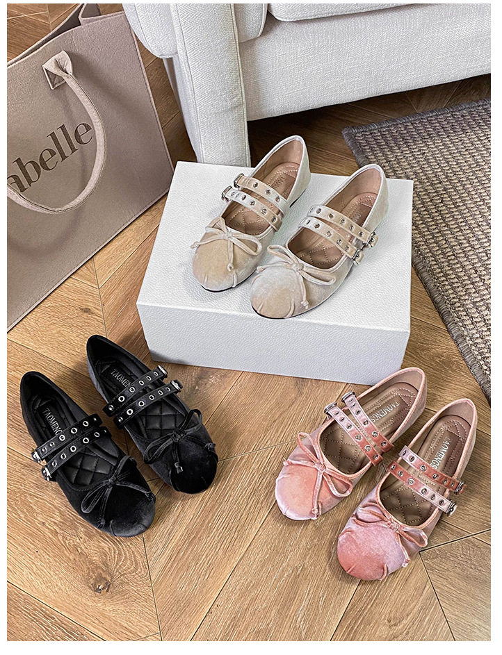 Giày Mary Jane nhung nhung mũi tròn đế mềm thắt nơ gót thấp — Màu hồng, Màu mơ, Màu đen chi tiết 26
