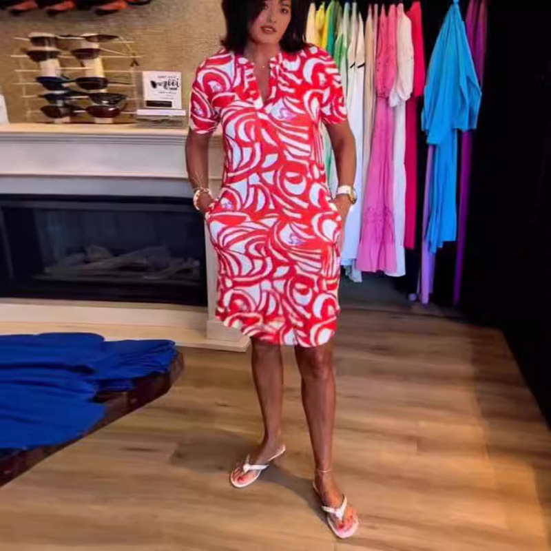 European and American New Women's Summer Amazon ebay Independent Station TEMU Short-sleeVed Printed V Neck Fashion Dress
