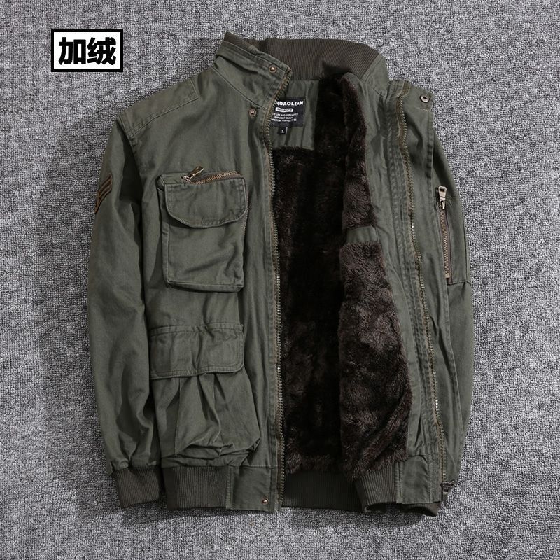 Autumn and Winter Camouflage Fleece-Lined Multi-Pocket Military Fan Jacket Men's Casual Multi-Pocket Fleece-Lined Cotton Jacket Fleece-Lined Top