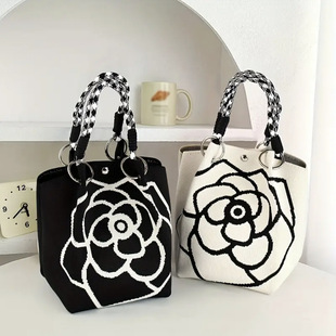 Amazon Ebay Retro Camellia Flower Large Capacity Knitted Bucket Bag Versatile Casual Bag Tote Bag Handbag