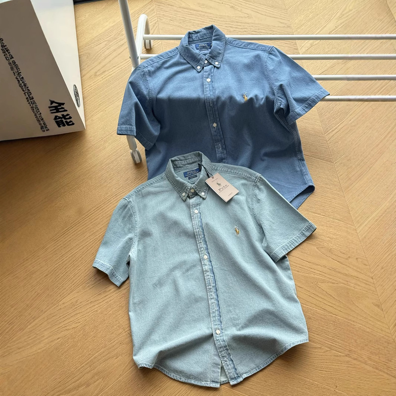 Cross-Border Export High-Quality Raff Color Horse Logo Embroidered Lapel Denim Short-Sleeved Shirt Summer New Style for Men and Women