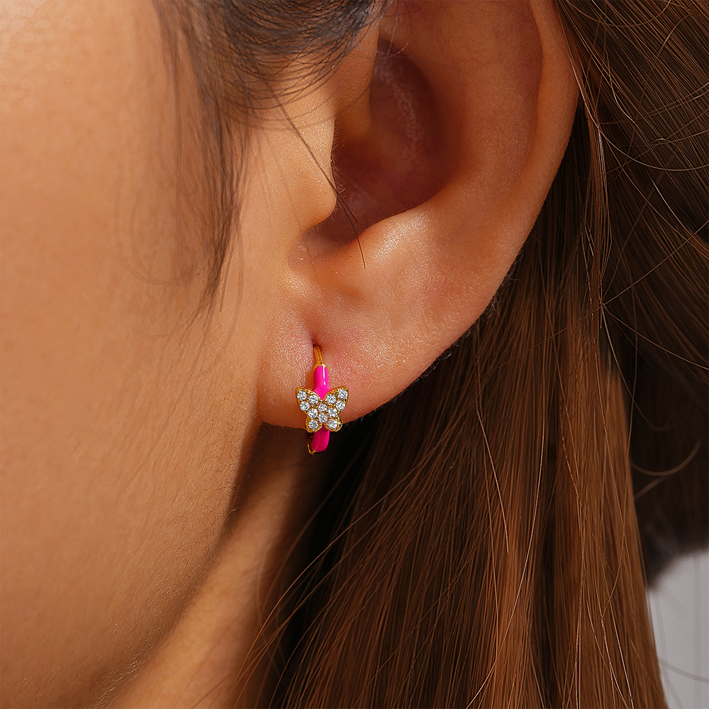 2g Weight 925 Sterling Silver Ear Needle Material Zircon Inlay Material Earrings Classification 1 Pair Quantity Holiday, Daily Occasion 925 Sterling Silver Material Circle, Butterfly Pattern Women's Gender Enamel, Plating, Inlay Design Simple Style Style 1 Pair 925 Sterling Silver Zircon Circle Butterfly Earrings 5