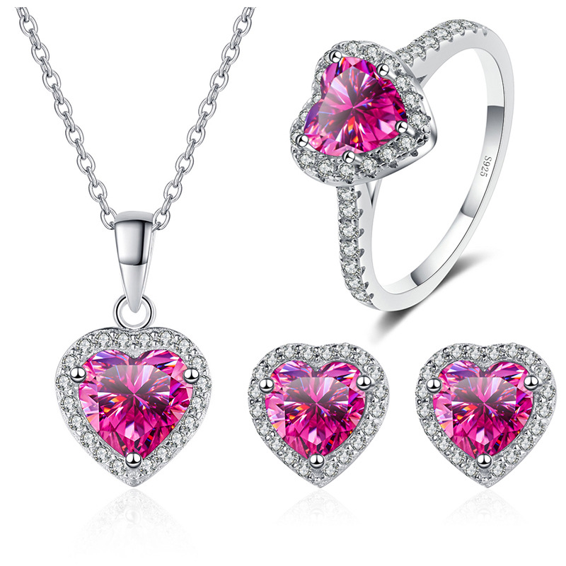 Anillo de moissanita en forma de corazón, collar de pendientes, conjunto de joyería de moissanita azul-verde rosa, puede ser una pluma de perforación transfronteriza.