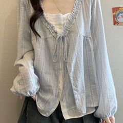 法式系带边V领长袖衬衫女春秋微胖大码设计感假两件减龄 上衣时尚