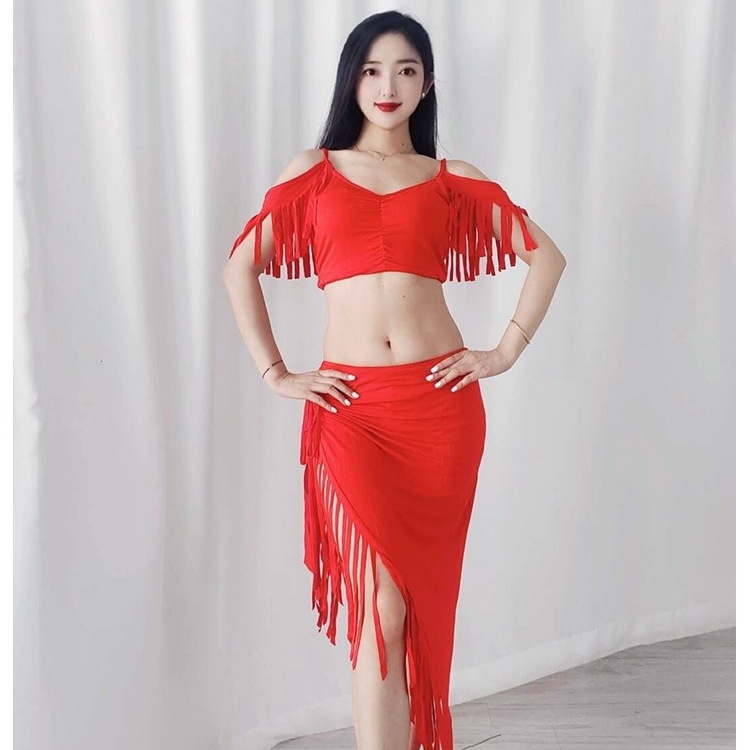 Swegal Belly Dance Practice Clothes Modal Broken Strips Drum Dance Practice Performance Clothes Handmade Tassel Simi Beginners