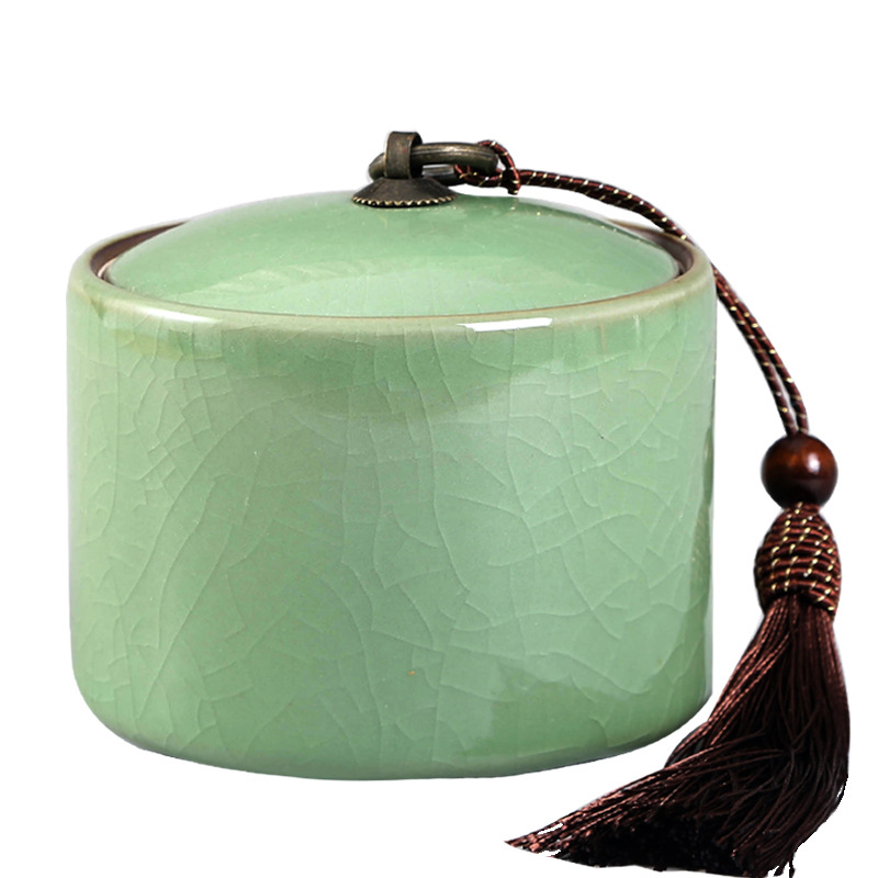 PK7J青瓷風茶葉罐銅環直筒陶瓷小號家用儲存禮盒包裝密封茶罐