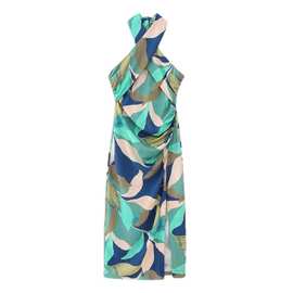 批发2023夏欧美风女装亚麻混纺印花迷笛连衣裙