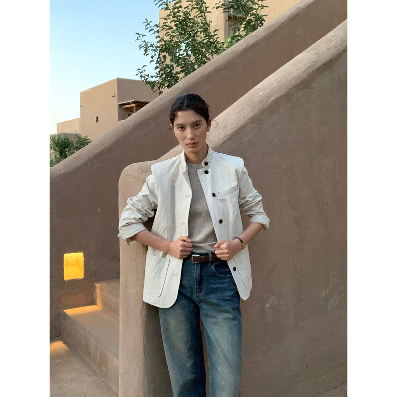 COMOS CMS Stand Collar Cotton Linen Work Jacket for Women, Multi-Pocket Commuting Versatile Autumn Blazer 260128 COMOS CMS Stand Collar Cotton Linen Work Jacket for Women, Multi-Pocket Commuting Versatile Autumn Blazer 260128