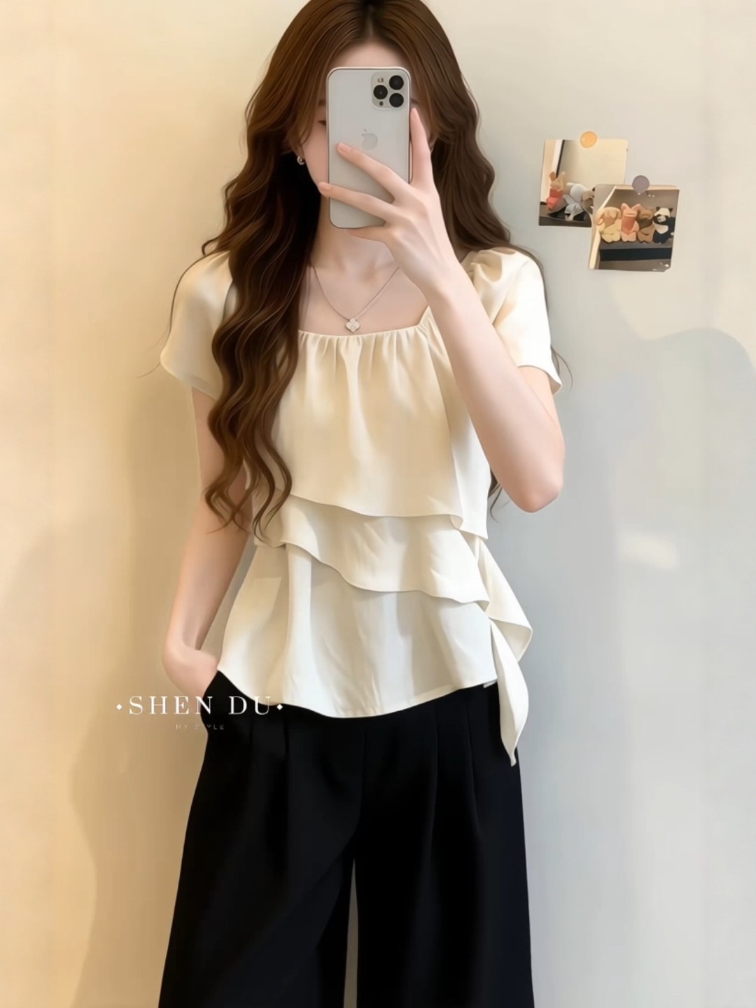 Áo sơ mi nữ cổ vuông tay ngắn, dáng rộng viền lá sen, phối dây rút — màu tím
