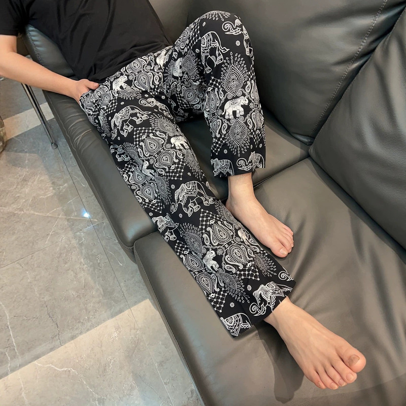 Summer Men's Casual Pants, Large Size Cotton Rayon Harem Pants, Wide-Leg Cuffed Home Pants, Thin Sleep Pants, Long Pants Summer Men's Casual Pants, Large Size Cotton Rayon Harem Pants, Wide-Leg Cuffed Home Pants, Thin Sleep Pants, Long Pants
