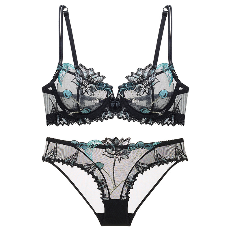 Encaje bordado ropa interior traje transparente sexy mujer europea y americana transfronteriza sujetador transpirable push up más tamaño sujetador traje