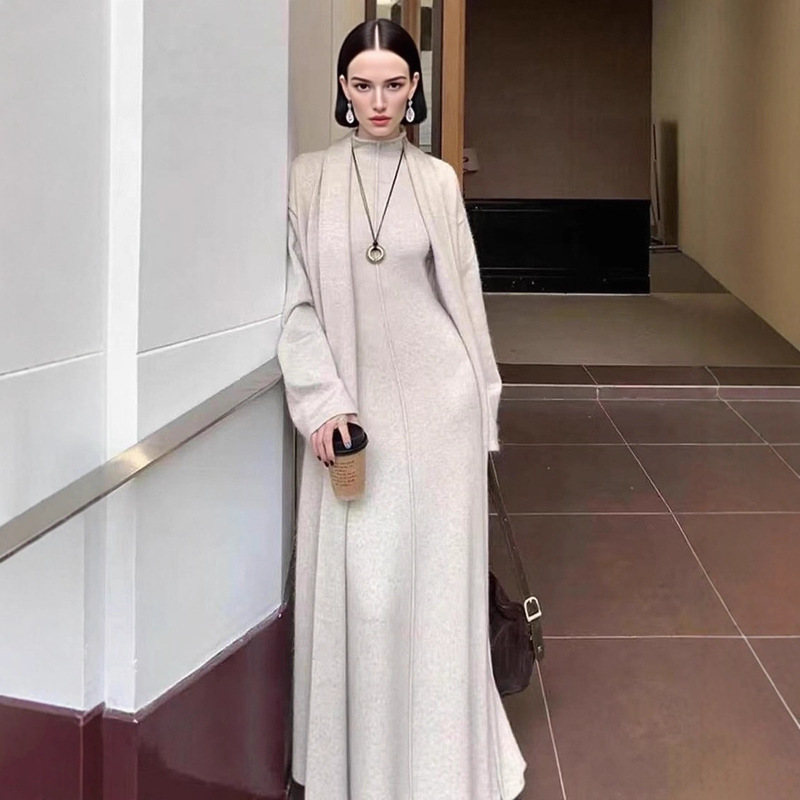 Autumn and Winter Long Knitted Dress, High Collar, Sleeveless Vest Dress, Elegant Coat, Cardigan and Sweater Dress Two-Piece Set Autumn and Winter Long Knitted Dress, High Collar, Sleeveless Vest Dress, Elegant Coat, Cardigan and Sweater Dress Two-Piece Set