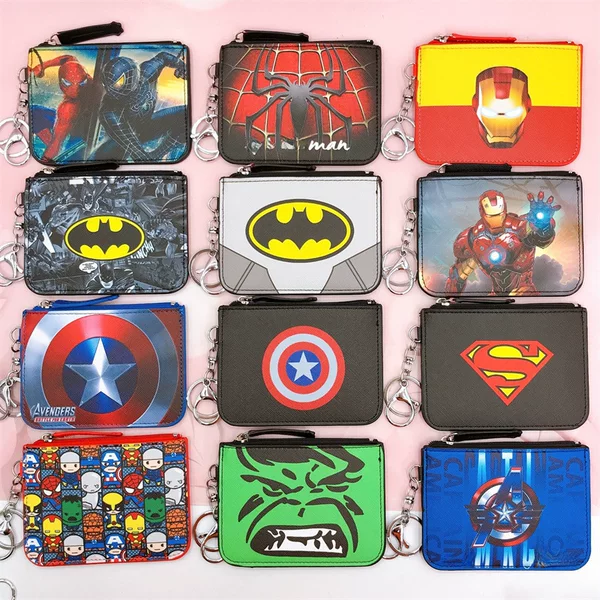 Cartoon League of Heroes Spiderman Batman Revenge Captain Card Holder Tag with Key Ring Change Card Bag Wallet