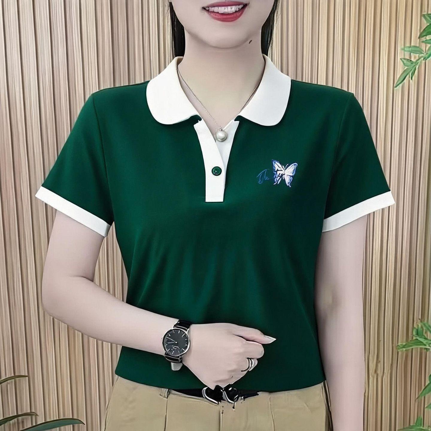 Women's summer new T-shirt, versatile, slimming and stylish polo shirt for middle-aged mothers, short sleeves, fashionable collar.