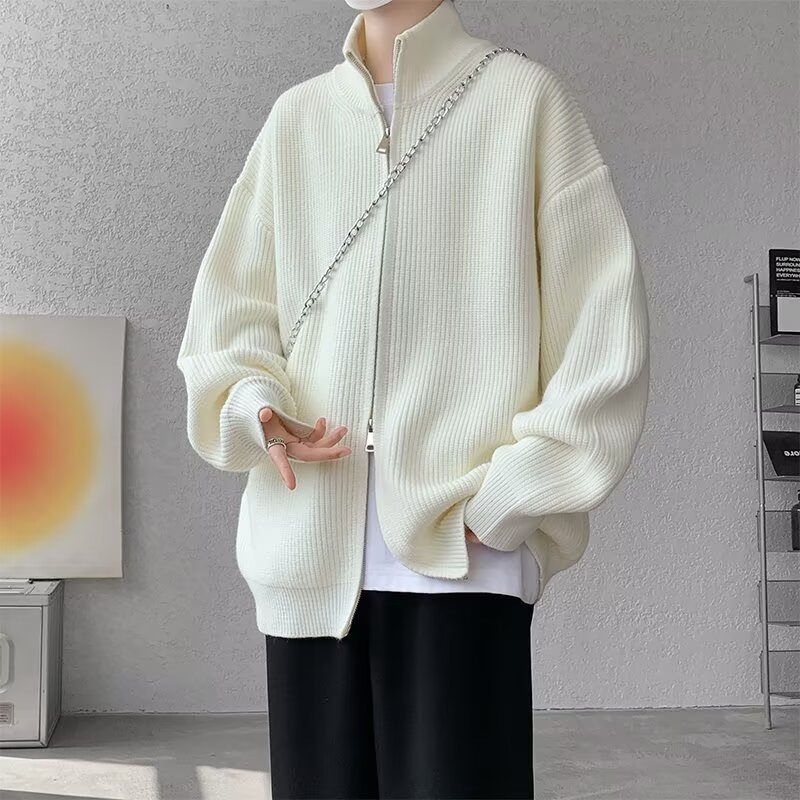 Men's double-zip cardigan sweater, autumn and winter American retro stand-collar knitted cardigan coat, lazy style casual top