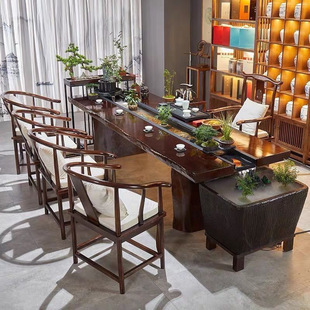 Full Water Tea Table Fish Faming Tea Table Recycling Landscape Integrated New Chinese Style Solid Wood Tea Table Curved Water Table and Chair