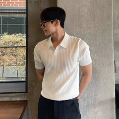 工場直販夏ストライプ半袖ポロファーソンメンズ韓国風スリムラペルカジュアル薄手トレンドニットトップ