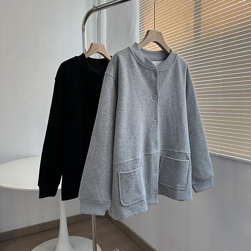 Korean Style Simple Casual Loose Lazy Style Flap Pocket Pants Single Breasted Gray Sweatshirt Jacket Women's Baseball Uniform Cardigan Autum