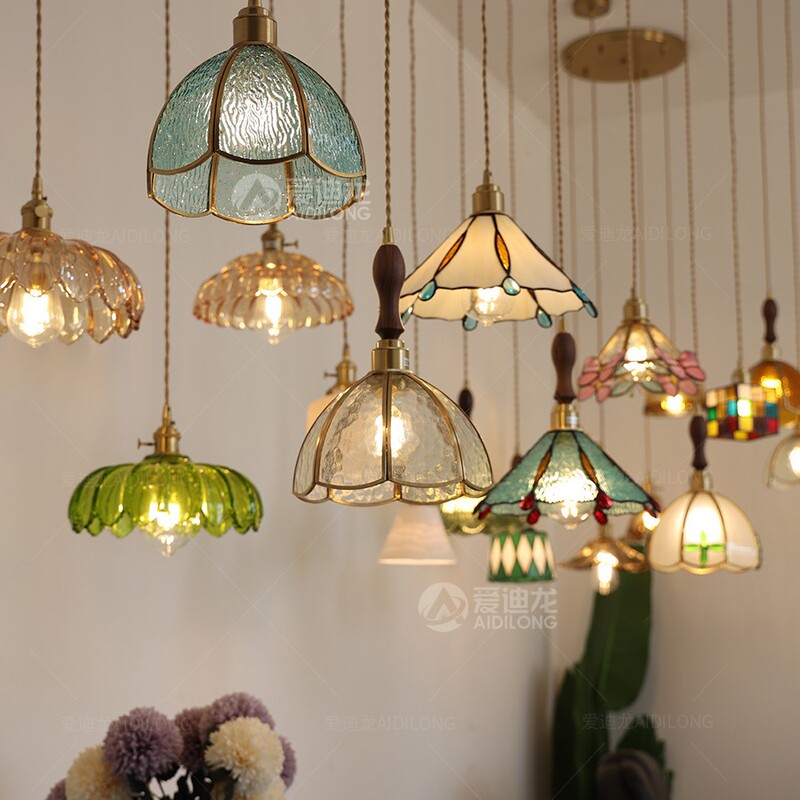 Vintage French Brass Pure Hand Soldered Lamp American Style Bedside Restaurant Aisle Stained Glass Small Chandelier